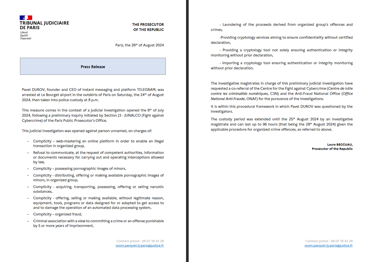 CryptoPotato Official (@crypto_potato) on Twitter photo PAY ATTENTION!
Lots of misleading reports out there about <a href="/durov/">Pavel Durov</a> being charged.
Note that the press release issued by the Tribunal Judiciaire de Paris only states that there was an investigation opened on July 8th on 12 charges against PERSON UNNAMED.
The release says that PAY ATTENTION!
Lots of misleading reports out there about <a href="/durov/">Pavel Durov</a> being charged.
Note that the press release issued by the Tribunal Judiciaire de Paris only states that there was an investigation opened on July 8th on 12 charges against PERSON UNNAMED.
The release says that