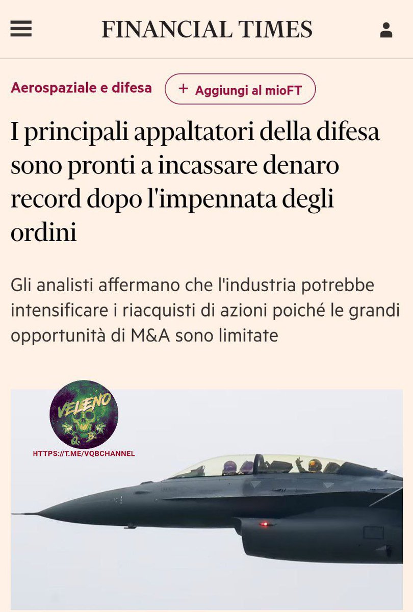 LadyAfro17's tweet photo. 26 agosto 2024, USA - UE 

GLI APPALTATORI DELLA DIFESA AMERICANI ED EUROPEI PREFERISCONO LE SPECULAZIONI FINANZIARIE ALLA
PRODUZIONE

" #Lockheed_Martin e #RTX hanno riacquistato circa 19 #miliardi di $ in azioni tra loro l'anno scorso. In #Europa, #BAE_Systems ha concluso un programma di riacquisto triennale da 1,5 miliardi di £ e ha immediatamente avviato un ulteriore riacquisto da 1,5 miliardi di £. ", scrive il Financial Times.

Sembra dunque che gli armaioli preferiscano speculare in #borsa, anziché produrre più armi.

"I grandi riacquisti con denaro dei contribuenti da parte di #appaltatori #statunitensi hanno suscitato critiche tra alcuni legislatori che si sono chiesti se le aziende stiano investendo abbastanza in nuove strutture e produzione."

#26agosto #USA #UE #Europa #EurasiaNews #difesa 
#ThisIsNotForMe #NotInMyName 
#NonInMioNome

https://t.co/ht7TUXb6vg