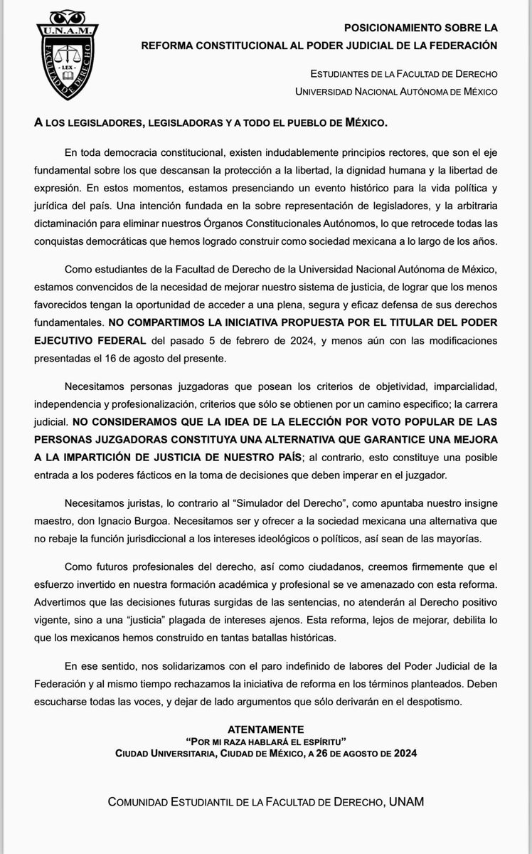 REPÚBLICA EN VILO

Bravo Comunidad Estudiantil de la Facultad de Derecho de la ⁦⁦<a href="/UNAM_MX/">UNAM</a>⁩ , estamos llamados a cerrar filas en apoyo al Poder Judicial de la Federación.

🚨Urgen pronunciamiento de más universidades y escuelas y estudiantes de Derecho.