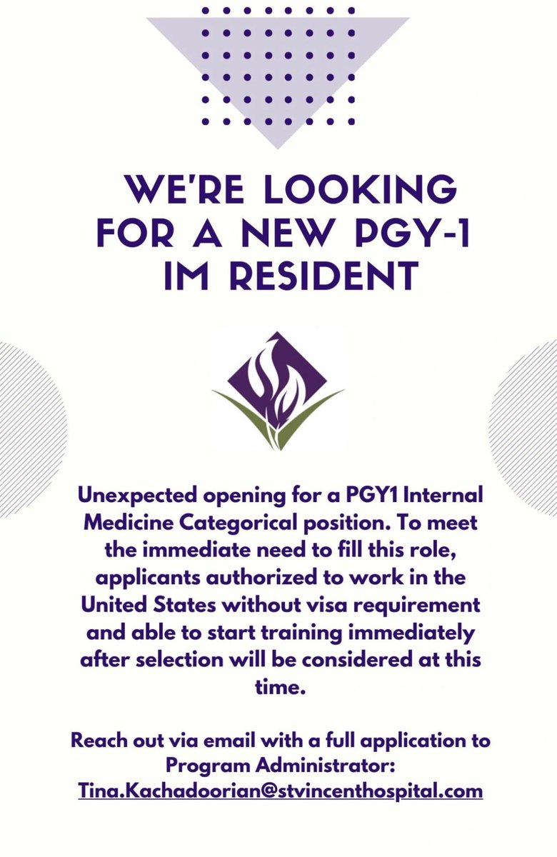 MedEx_Consult's tweet photo. 🚨PGY-1 IM Opening🚨

Contact: Tina.kachadoorian@stvincenthospital.com
(Program Administrator) https://t.co/GB38wD1XxT