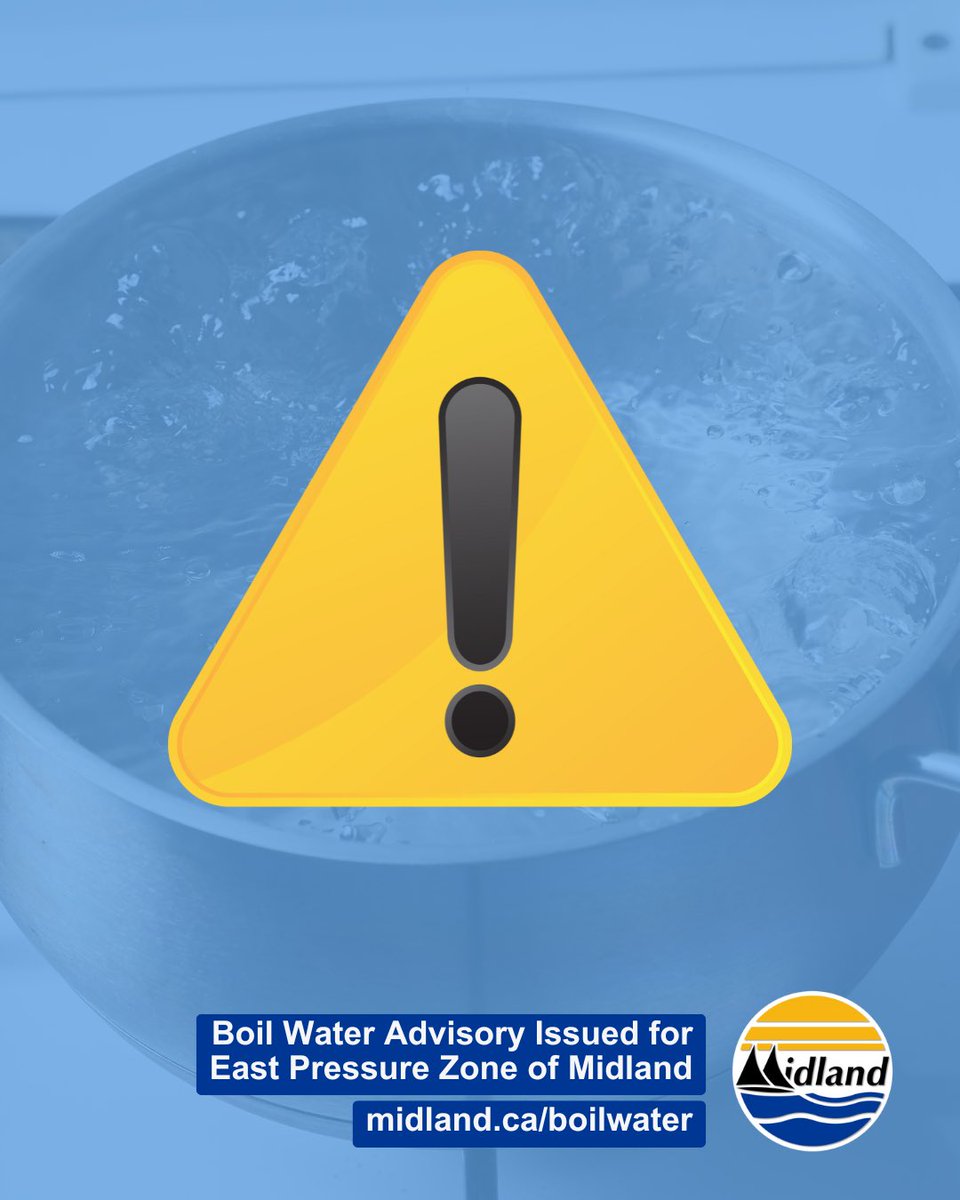 MidlandON's tweet photo. 📣The @SMDhealthunit issued a boil water advisory (BWA) on August 26, 2024 for the East Pressure Zone of Midland following a recent significant water main break. Repairs are underway. This advisory is in effect until further notice.‼️
 
Read more at https://t.co/xMXFRiPzir https://t.co/gh5p8EXWXH