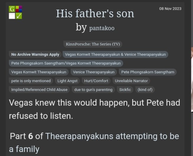 VPFANFICS0425's tweet photo. 107. Theerapanyakuns attempting to be a family - Series

Series count: 7 

💙 Vegas and Pete try to adjust to the new norm
🖤 Vegas goes to therapy 
💙Pete is always there to be Vegas' shoulder

https://t.co/oUHqVAEk2i https://t.co/pkEgnX30aS