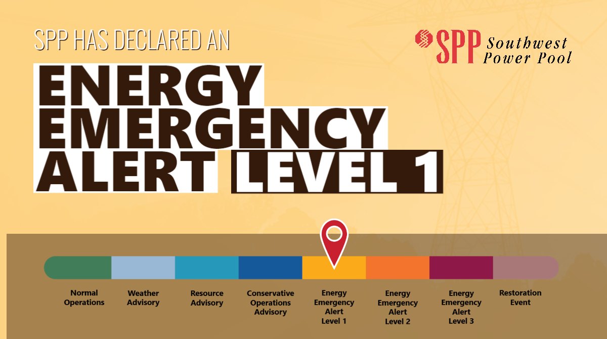 SPPorg's tweet photo. SPP is issuing an EEA1 for the entire SPP Balancing Authority, effective until further notice. The declaration of an EEA1 does not require the public to conserve energy and does not indicate that SPP will be directing controlled service outages. https://t.co/p2hHd0w17u https://t.co/B5vKoSCxwo