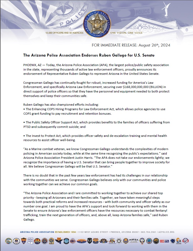 We are proud to endorse Ruben Gallego (@RepRubenGallego ) for the US Senate. Please read our endorsement letter below...