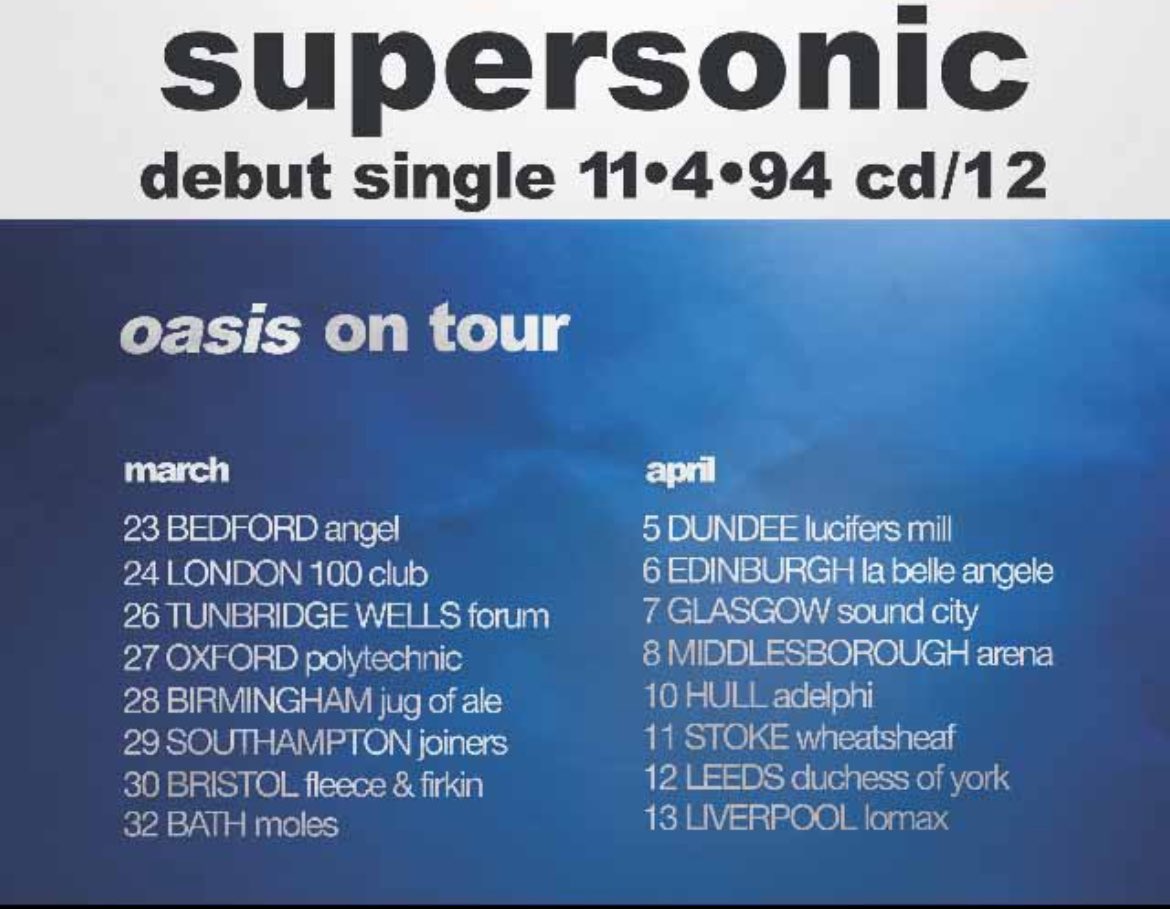 BMWavesBlog's tweet photo. With all the Oasis gossip, let’s have a look at their Spring 1994 tour.

Which of these venues are still going?

From my south coast point of view it’s great to know that the @joinerslive is. https://t.co/gqbftiLbAL
