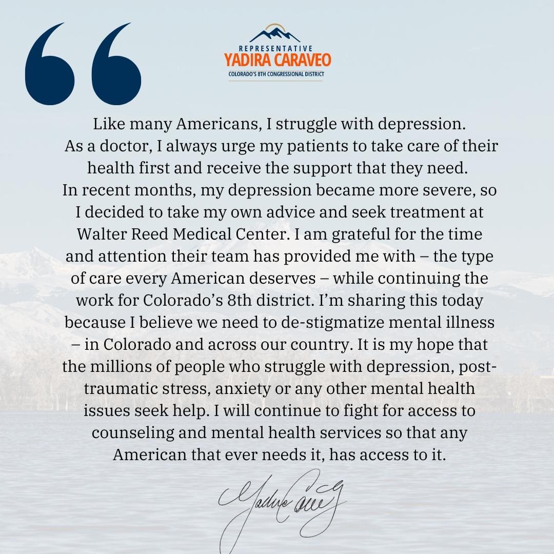 RepCaraveoMD's tweet photo. Like many Americans, I struggle with depression.
I'm sharing this with you today because I believe we need to de-stigmatize mental health illness.

Read my full statement here: https://t.co/wfOpoYFJ51