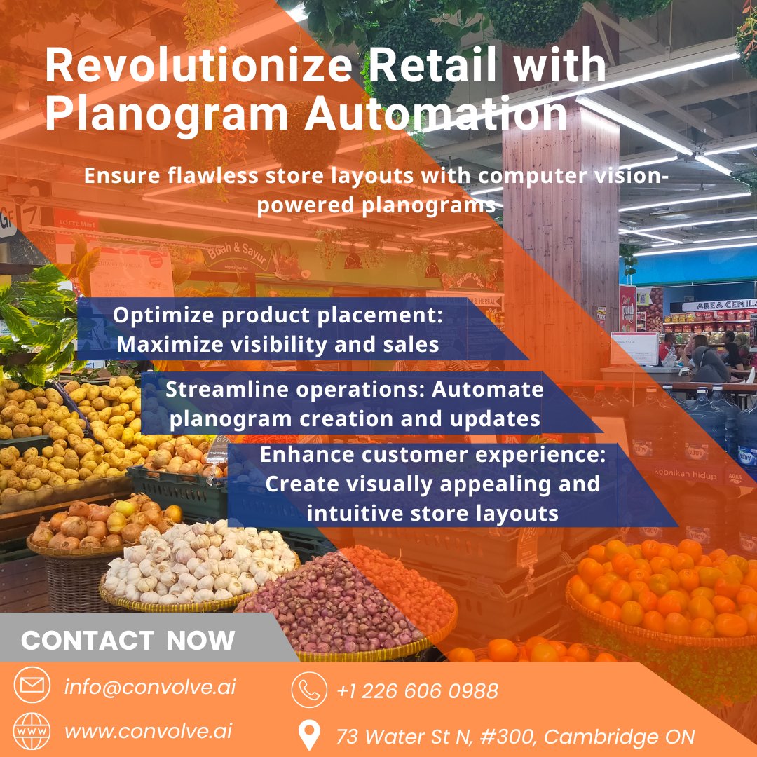 AiConvolve's tweet image. Transform your retail strategy with computer vision-powered planogram automation. Maximize visibility, streamline operations, and enhance customer experience with flawless store layouts.
#retailoptimization #planogramautomation #computervision #storelayouts #customersatisfaction