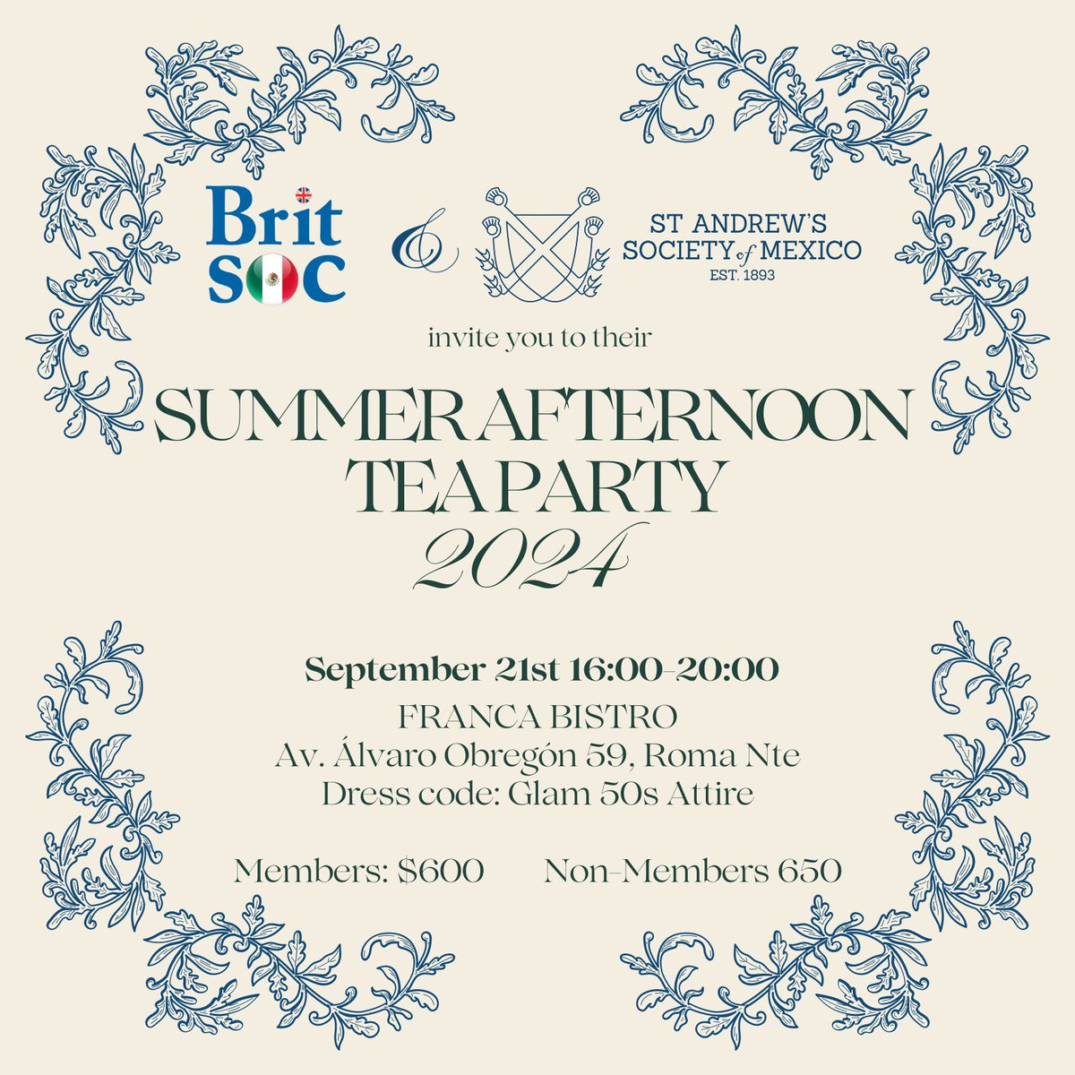 standrewsmx's tweet photo. Join Us for a Delightful Summer Afternoon Tea Party! 🫖🥂
🗓️Date: Saturday, September 21st!  4-8PM
📍Roma Norte, CDMX
Indulge in an elegant afternoon filled with traditional British tea, delicious scones, and delightful company.
🏴󠁧󠁢󠁳󠁣󠁴󠁿🇬🇧
Questions? Leave your comment below... https://t.co/qmsKYigUwr