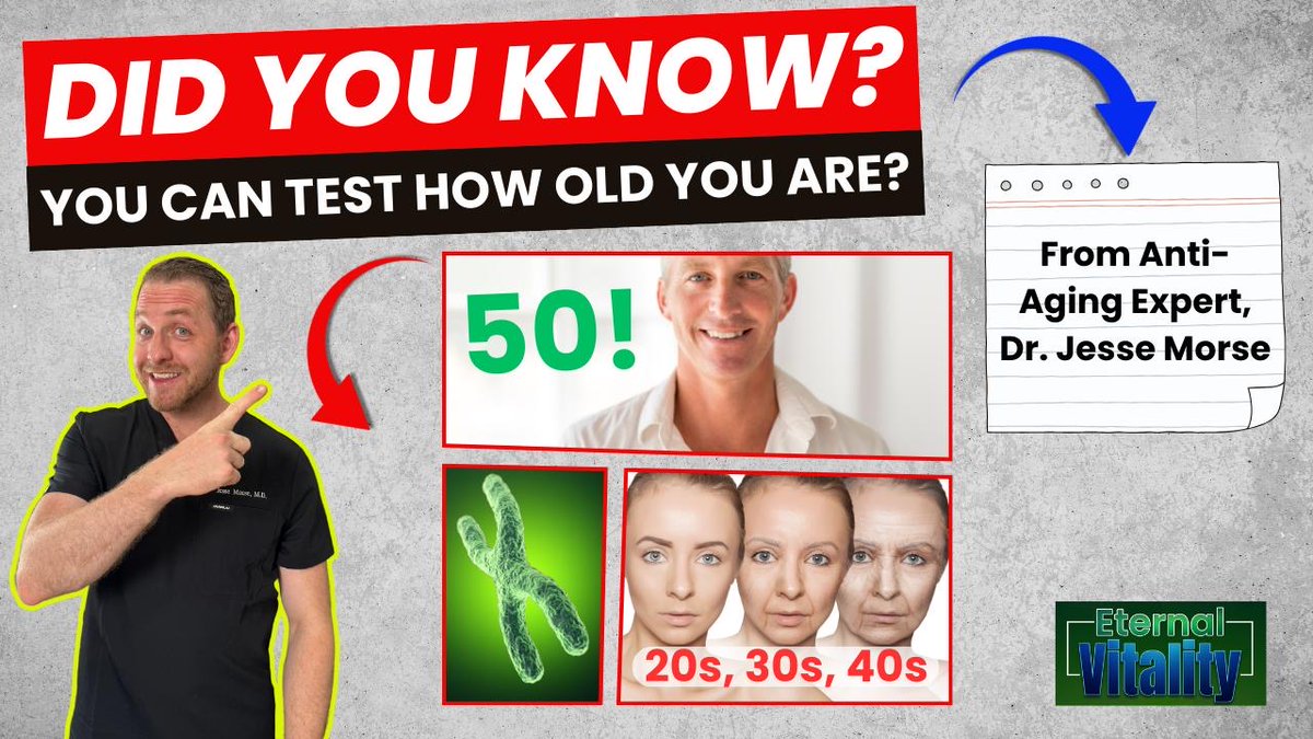 DrJesseMorse's tweet photo. Did you know there are tests to tell you how 'old' you are?

They evaluates different parts of the body, including telomere length, fitness age, overall age, immune system, risk for cancer and so many more. 

I discuss this really awesome test here.

It is part of my Anti-Aging Longevity protocol.

@EternalVitPod
