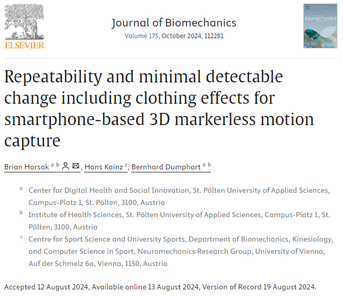 JBiomech's tweet photo. 😃New article published in J Biomech!

"Repeatability and minimal detectable change including clothing effects for smartphone-based 3D markerless motion capture", by Horsak et al.

👀https://t.co/D8FPkWBDtg

#journalofbiomechanics https://t.co/kkfFOShFah