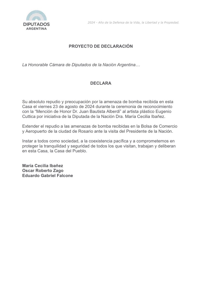El bloque <a href="/diputadosmid/">Bloque MID - Diputados.</a> repudia las amenazas recibidas hacia el presidente de la Nación <a href="/JMilei/">Javier Milei</a> y  en el Honorable Congreso de la Nación, en el marco del homenaje al artista <a href="/EugenioCuttica/">Eugenio Cuttica</a>, el pasado viernes 23/08.