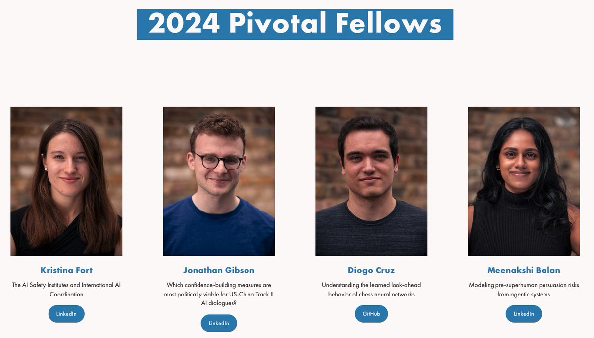 We are excited to introduce our 2024 Pivotal Research Fellows, who are focused on AI safety and biosecurity research.

Learn more about them and their projects:
pivotal-research.org/2024-fellows