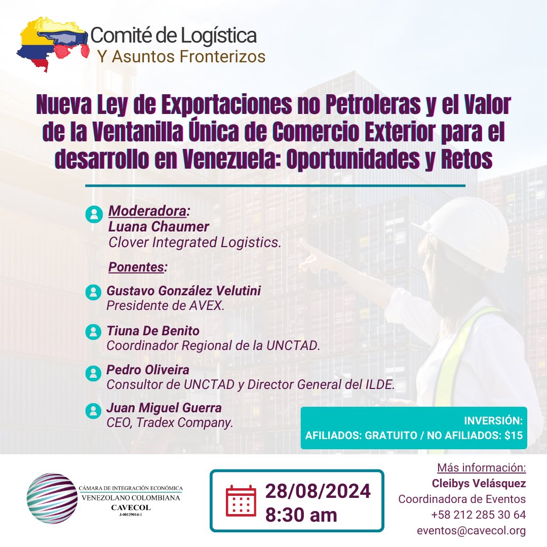 Estimados Afiliados, Aliados y Relacionados les invitamos a nuestro próximo Comité de Logística y Asuntos Fronterizos.  
Contacto para confirmar su asistencia: 
Cleibys Velásquez 
Coordinadora de Eventos 
+58 212 285 30 64 
eventos@cavecol.org