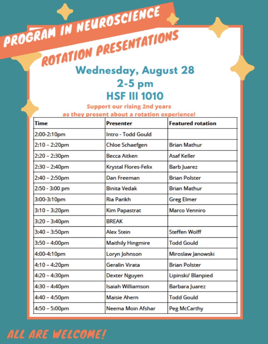 This Wednesday, the rising second year PIN students will give rapid-fire talks to share their rotation projects and experiences! Join us from 2-5 in HSF III room 1010 to celebrate their hard work!