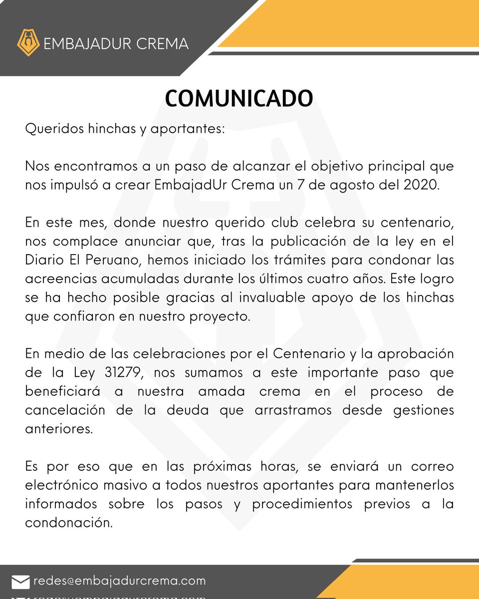 LaNacion_Crema's tweet photo. HISTORICO, así será el día que @embajadurcrema y todos los hinchas que aportaron en esta iniciativa y tras la aprobación de la ley 31279 se condonen todas esas acreencias compradas, será un día HISTORICO en el futbol mundial.
somos una HINCHADA PODEROSA Y GUERRERA . #Embajadur https://t.co/fnYwSxk6XF