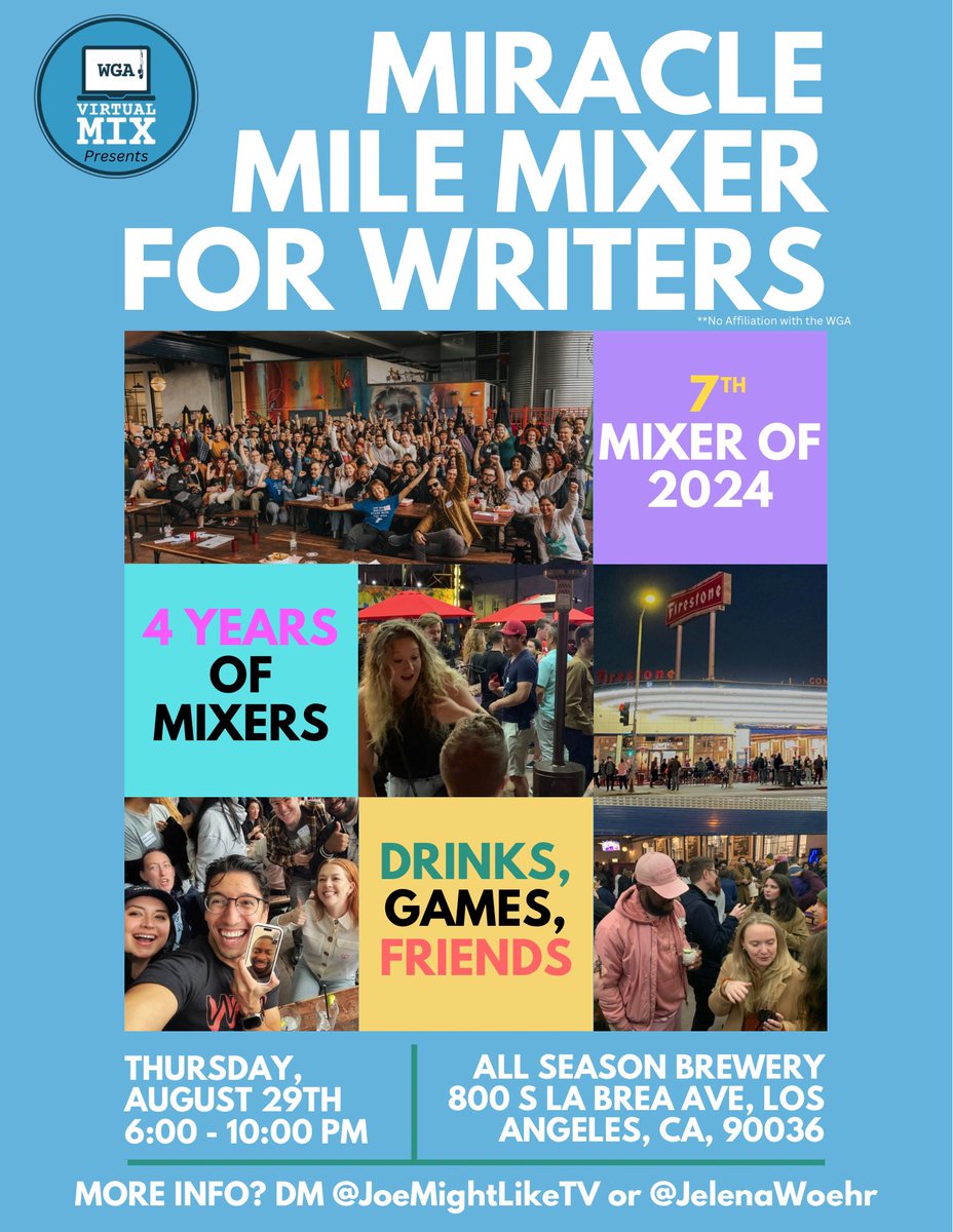 JoeMightLikeTV's tweet photo. This Thursday, come to our monthly Writers Mixer in Miracle Mile.

Open to all pro &amp; emerging writers! Hope to see you there. https://t.co/zyqtKkxFjF