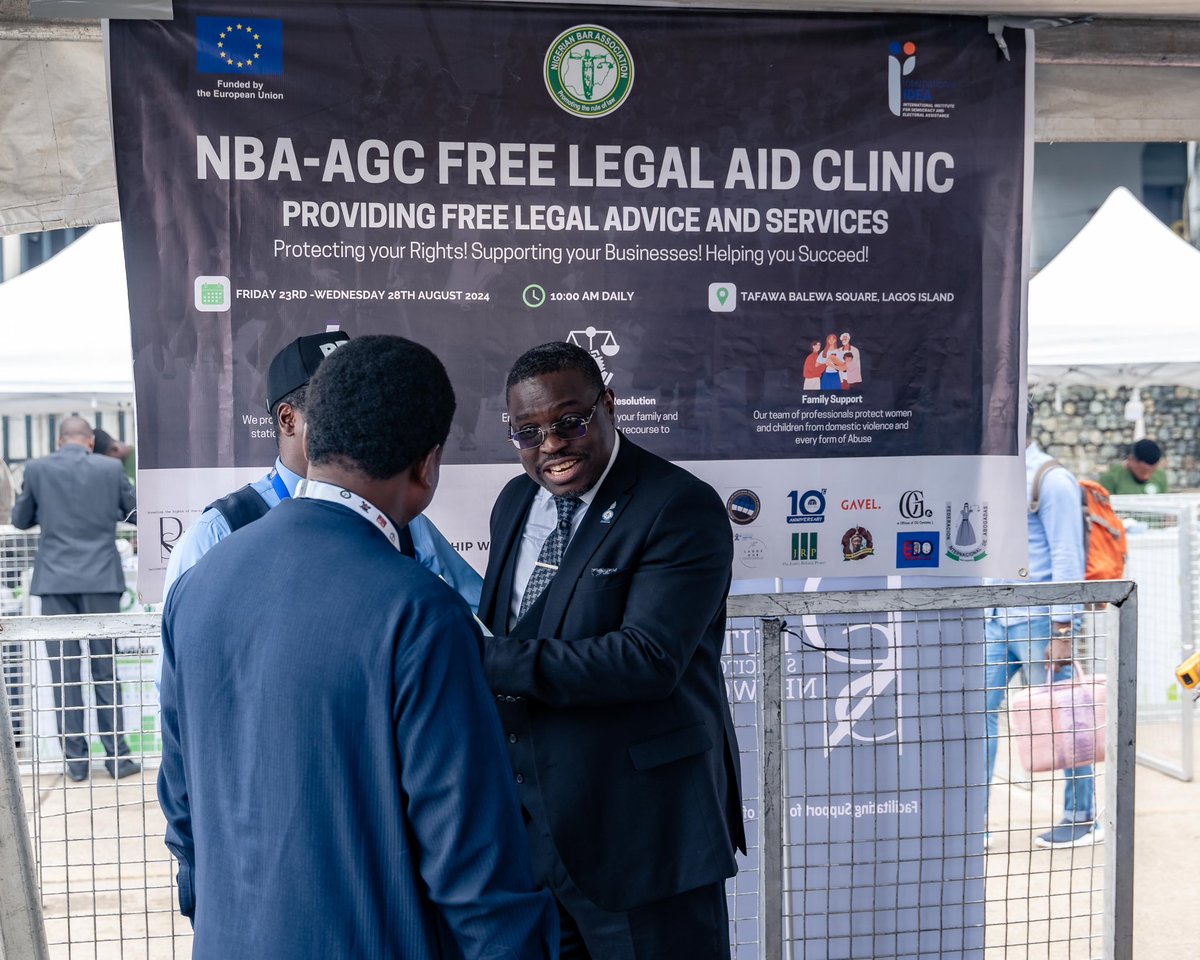 RoLACNG's tweet photo. Earlier today, the Director General of the Legal Aid Council of Nigeria (LACON), Abubakar Bagudu, alongside Convener, Duty Solicitors Network (DSN), Adebayo Akinlade, officially launched the Free Legal Clinic at the ongoing Nigerian Bar Association (NBA) Annual General Conference (AGC) in Lagos from 26 -29 August 2024. 

With our support, the 4-day legal clinic has been organised by DSN with 94 lawyers from all over Nigeria signed up to volunteer free legal advice and representation to artisans, traders, and informal sector workers as well as awaiting trial detainees in police stations around the Lagos Island environs. 

Today alone,  48 indigent citizens have benefited from the Clinics, with many more to receive legal aid over the next few days.

#bayoace #LegalAidCouncilNigeria #NBAAGC2024 #EUInNigeria #RoLACNG