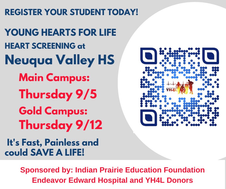 <a href="/NeuquaValley/">Neuqua Valley High School</a> families: register your student today to get a FREE cardiac screening! IPEF is proud to sponsor our 8th series of biennial heart screenings in <a href="/ipsd204/">Indian Prairie 204</a>!
Register your student here: screenings.yh4l.org/YH_enroll.aspx
Register to volunteer here:  yh4l.org/calendar/