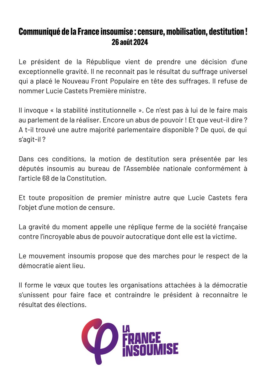 FranceInsoumise's tweet image. 🔴 Communiqué de la France insoumise : censure, mobilisation, destitution !

👉 Retrouvez notre communiqué : lafranceinsoumise.fr/2024/08/26/cen…