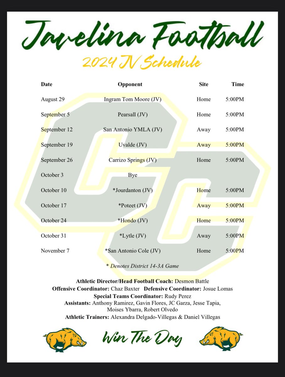 CCJavelinaFB's tweet photo. 2024 Football schedules!!!! The first home JV game will be played at Ingram as well. Start time is set for 5 pm for the JV game https://t.co/NhhkqoCDhE