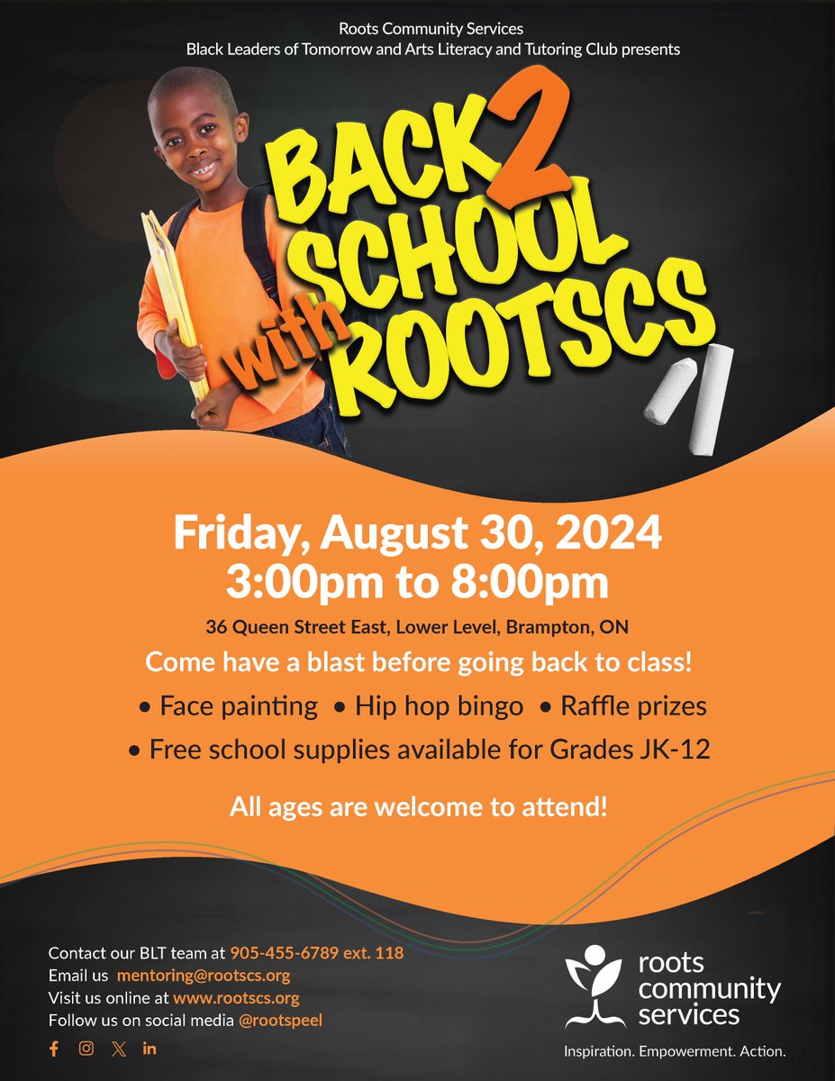 RootsCSPeel's tweet photo. Get into the spirit of a new school year as we host a special Back to School with RootsCS event!
Join us for a fun an exciting afternoon on Friday, August 30 from 3:00pm to 8:00pm at our Brampton office.
#backtoschool #rootscs #blackleadersoftomorrow #afterschool https://t.co/Mt1MjvbbUn