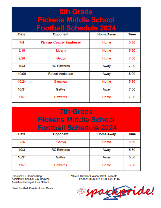 Our 8th and 7th grade football Sparks football schedules. We look forward to seeing you at our games soon. Go SPARKS! #sparkpride