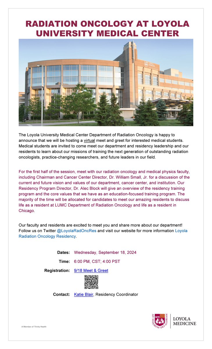 Interested in learning more about our residency program? Join our faculty and residents for a virtual meet and greet Wednesday, 9/18 @ 6PM CT! We look forward to meeting you!  #Match2025 #radonc #MedTwitter Register below:  tinyurl.com/59pevcze