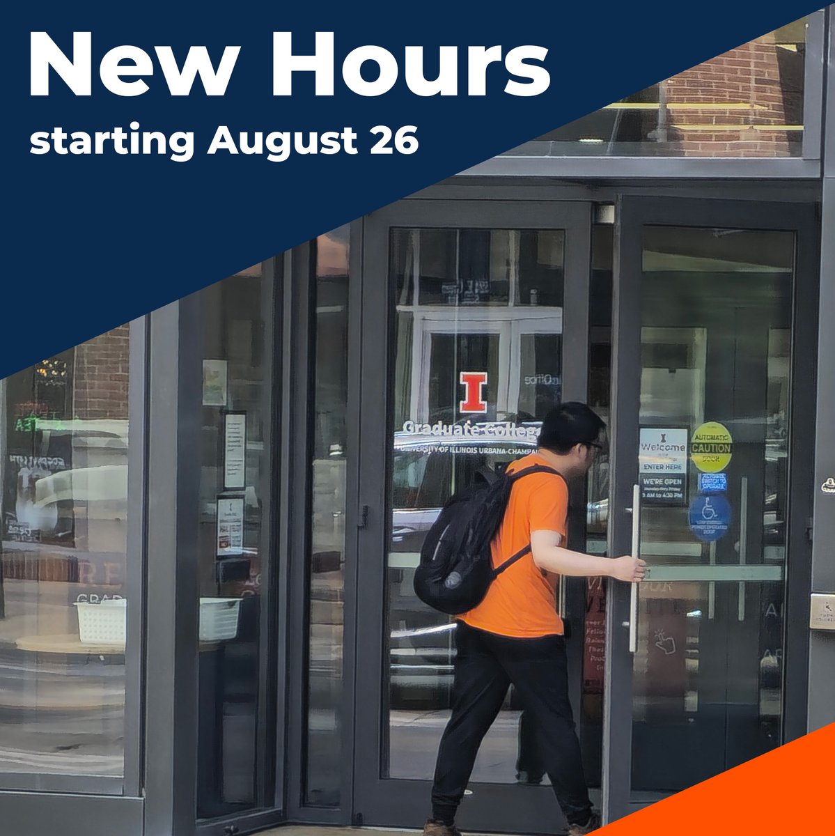 New Semester 🤝 New Hours

Starting today, the Graduate College will no longer be closed during the lunch hour. Our new hours of operation will be 9 a.m. to 4:30 p.m., Monday through Friday. Come see us on Green Street!