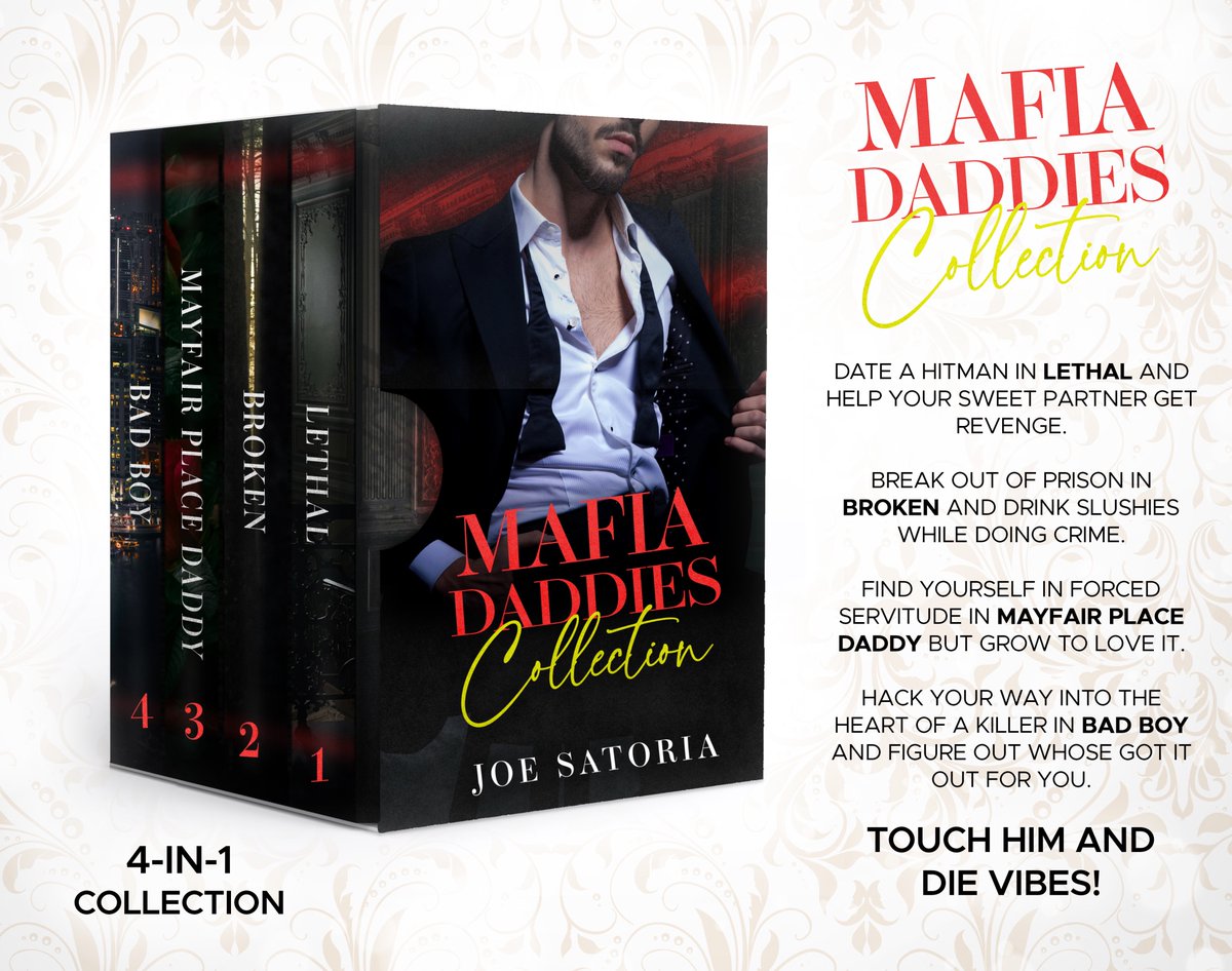 New Release ✨ in KU!

A collection of dark mafia Daddy books!
230,000 words of deadly deliciousness!

Grab it at a discounted release price! 😍

mybook.to/JoeMafiaDaddies

#mmromance #gayromance