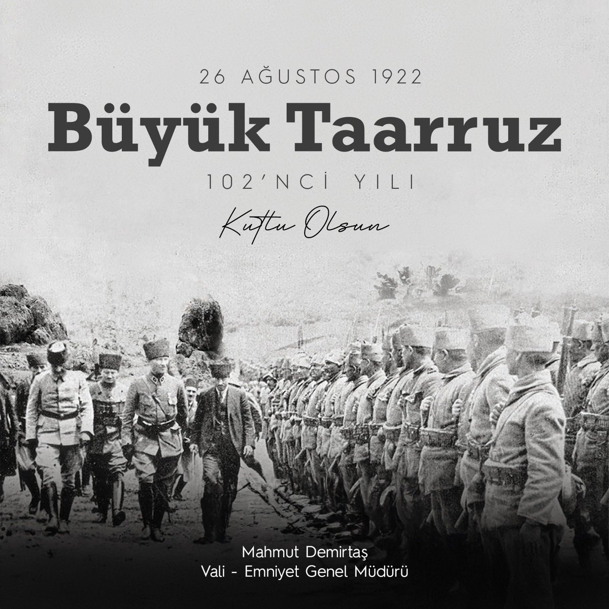 Büyük Taarruz'un 102'nci yıl dönümünde Gazi Mustafa Kemal Atatürk ve tüm kahramanlarımızı saygı, rahmet ve minnetle anıyorum.🇹🇷

#26Ağustos1922
#BüyükTaarruz