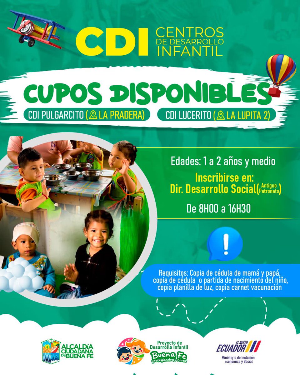 CodigoDig_01of's tweet photo. #BUENAFE🔴

#GadInforma
@AlcaldiaBF

🎨👶 ¡La Alcaldía Ciudadana de Buena Fe te invita a ser parte de nuestros Centros de Desarrollo Infantil! 

📢 Inscripciones abiertas para niños y niñas de 1 a 2 años y medio en nuestros CDI:

🌟 CDI Pulgarcito - Sector La Pradera https://t.co/SJUj9E1DXV