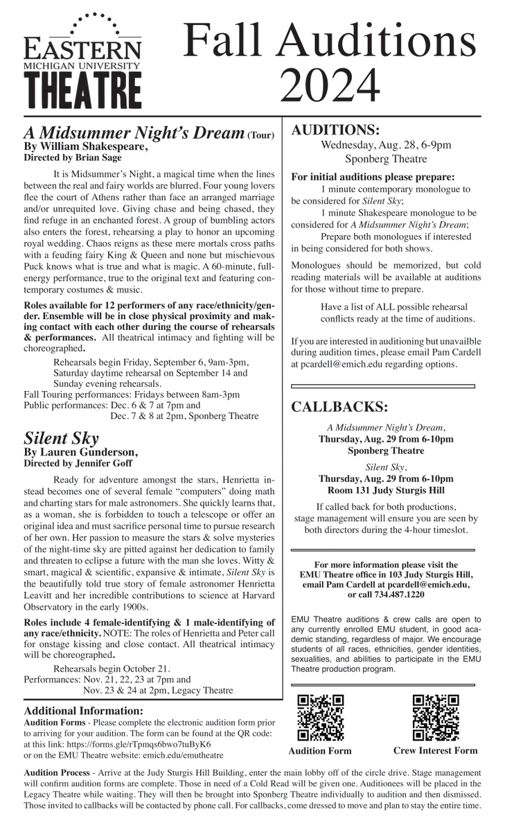 Happy first day back, friends!

Here's what's happening:
⚒️ Tue, Aug 27: Audition Prep Workshop (6-8 pm)
🌭 Wed, Aug 28: Welcome Back Picnic (3:30-5:30 pm) and Fall Auditions (6-9 pm)
🎭 Thurs, Aug 29: Callbacks (6-10 pm)

#EMUTheatre #WelcomeBack #FirstDayOfSchool #Theatre