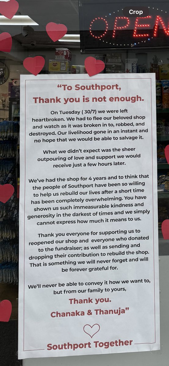 Mike_Sammon's tweet photo. Just been to the Windsor Mini Mart which was robbed of thousands of pounds of stock during the Southport riot and they have this lovely sign outside. Such nice people, I’m so pleased they met King Charles. https://t.co/g0Px8hQEAk