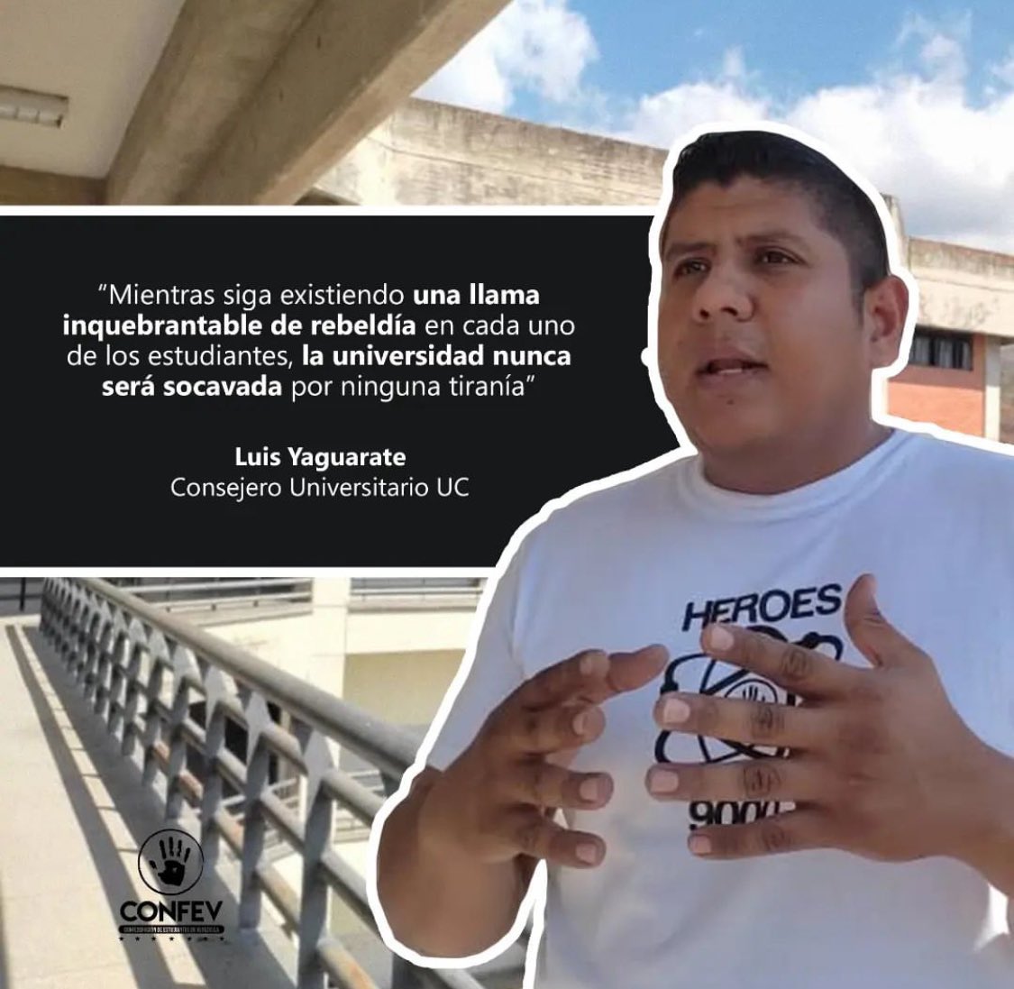 Detienen a Luis Yaguarate, Consejero Universitario de la UC.

Una vez más, los jóvenes siguen siendo víctimas de un régimen dictatorial que no tolera la disidencia y persigue a quienes se atreven a luchar por un futuro mejor.

¡No más silencio, seremos libres! 
#LiberenAYaguarate