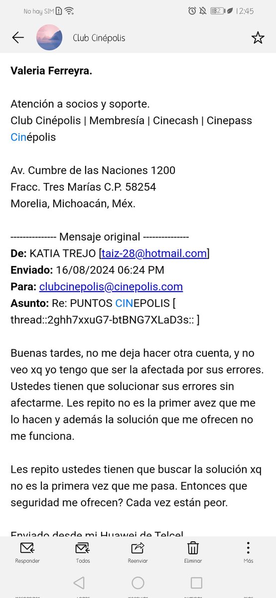 Taiz28's tweet photo. @AyudaCinepolis Te comparto la interacción qué hemos tenido, y desde ese último correo ya no me han respondido nada. Así que no me quieran echar a mi la culpa de sus errores. https://t.co/DrYAuelq0F