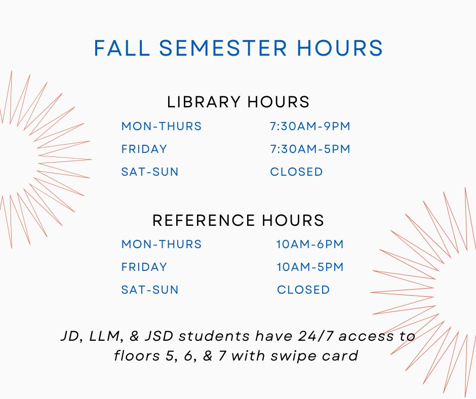UBLawLib's tweet photo. The Library is open Mon-Thurs from 7:30am-9pm and Friday from 7:30-5pm. We are closed on Weekends.
You can speak with a reference librarian from 10am-6pm Mon-Thurs., and 10am-5pm on Fridays. 
Law graduate students still have 24/7 swipe card access to library floors 5, 6, &amp; 7! https://t.co/K9KGL8Z45s