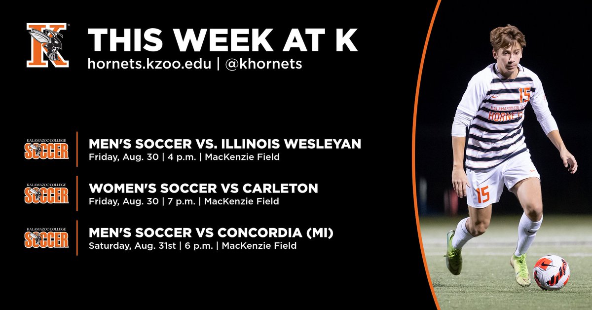 khornets's tweet photo. The 2024 season begins this week with the @kzoomensoccer and @KzooWSoccer teams playing at home. Check out https://t.co/k41boLd5Ow for the schedules, news and results for all @kcollege teams! #GoHornets https://t.co/UQorUF16l8