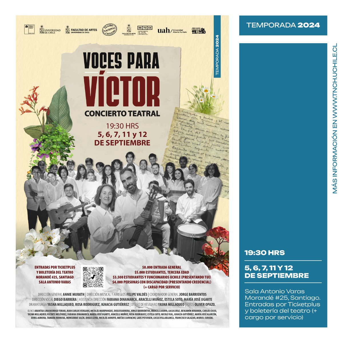 uahurtado's tweet photo. La UAH te invita a "Voces para Víctor", un emotivo tributo a Víctor Jara. Acompáñanos con el Ensamble Aguayé y un coro de 20 actores bajo la dirección de Annie Murath y Felipe Valdés.

📅 5, 6, 7, 11 y 12 de septiembre, 19:30 h. en el Teatro Nacional Chileno.

Entradas en https://t.co/rSTPZmVorJ