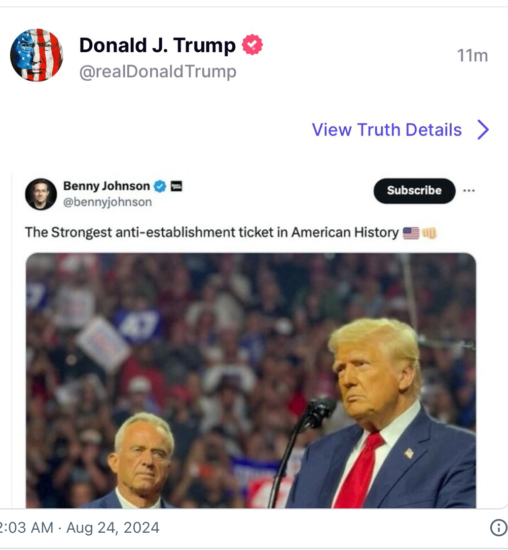 ablueview's tweet photo. DonOLD Trump thinks RFK Jr's endorsement means he now has "the strongest anti-establishment ticket in American history"

How long do you think until he throws Vance under the bus? https://t.co/LbFSWUk8u2

#TrumpIsSmall #ConspiracyTheories #HarrisWalz2024 #BlueWave2024 #ABlueView https://t.co/VJAYmv7AlT