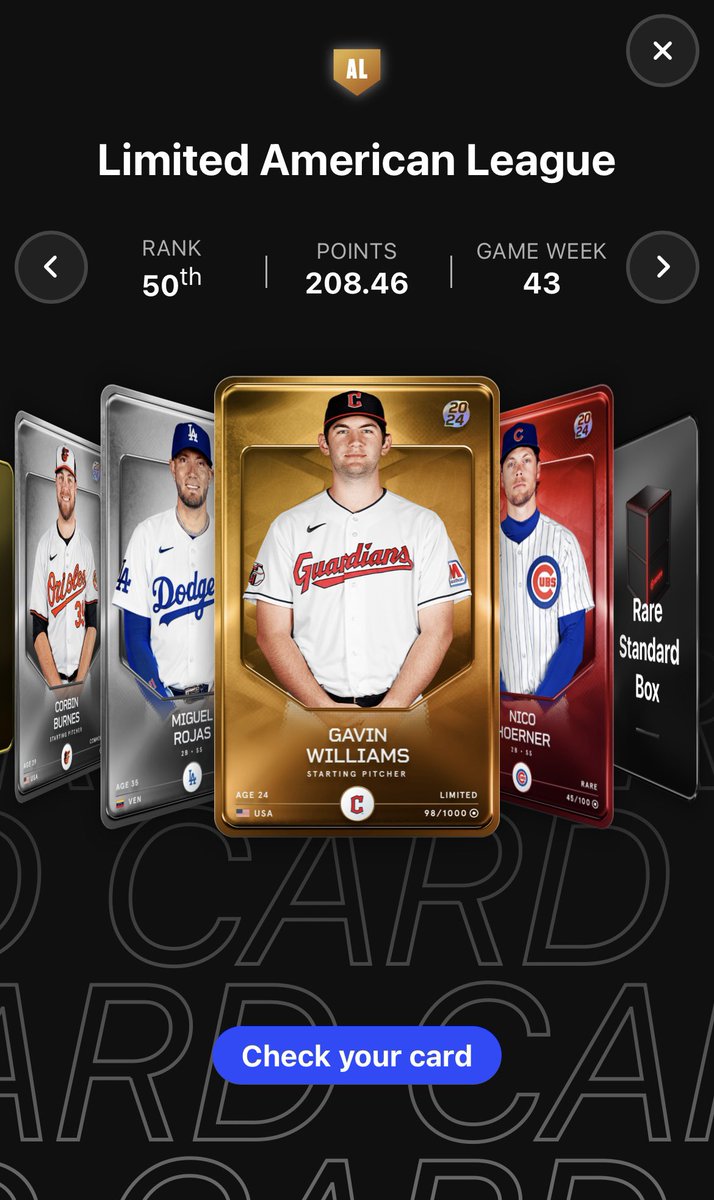 SegiFeesh's tweet photo. #SorareMLB
#GameWeek43
Another frustrating week but the Rare AL squad did make a late surge to net Hoerner as a T3. Picked up Williams as well with a middle of the pack AL lineup.
I’m not collecting Cubs so Hoerner is available. Open to a trade.
Big things coming GW44! https://t.co/Pcu6iy7PWe
