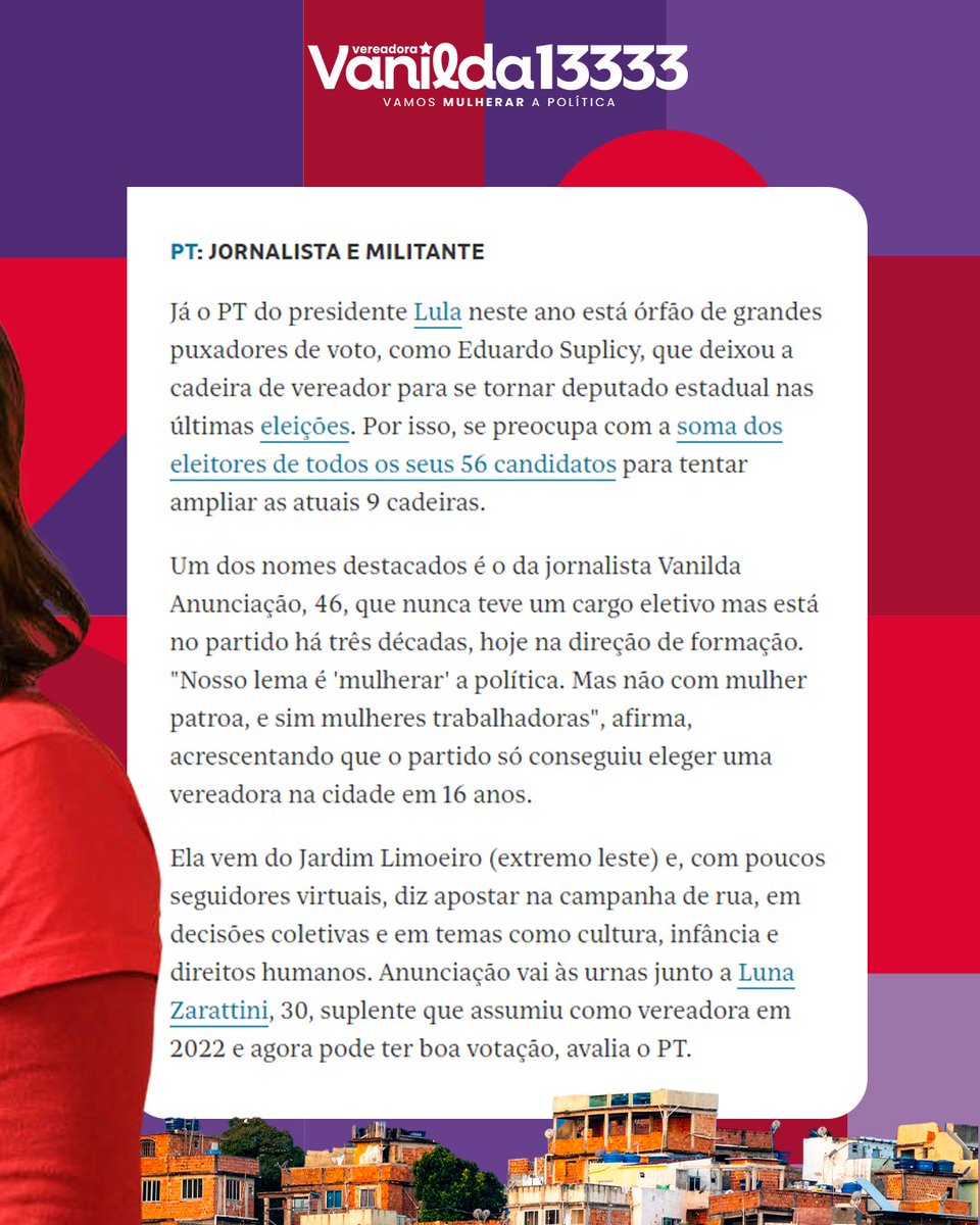 Vanildapt's tweet photo. 📰 Estamos na @folha de hoje e como falei: "nosso lema é 'mulherar' a política, mas não com mulher patroa, e sim mulheres trabalhadoras". Não basta ter representatividade na Câmara, precisamos de mulheres progressistas que defendam os direitos do povo. #VemDeVan #Vanilda13333 https://t.co/JWpmeyaL9E