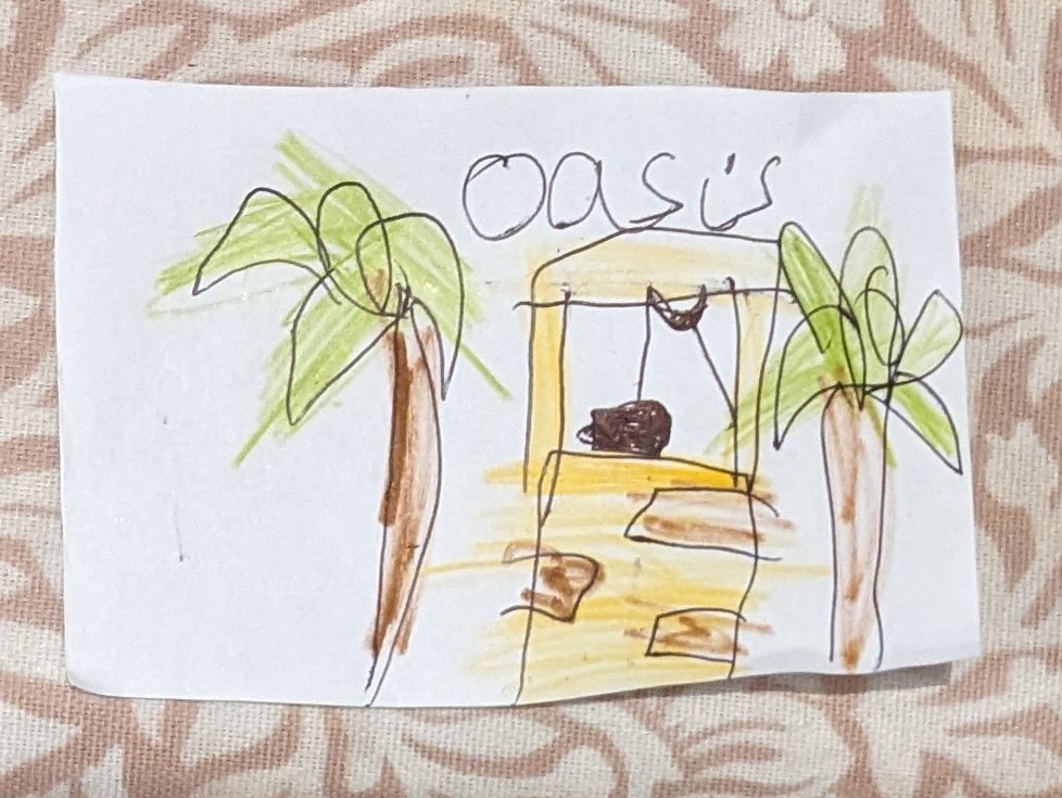 emily's drawing of an oasis for a card game we are making