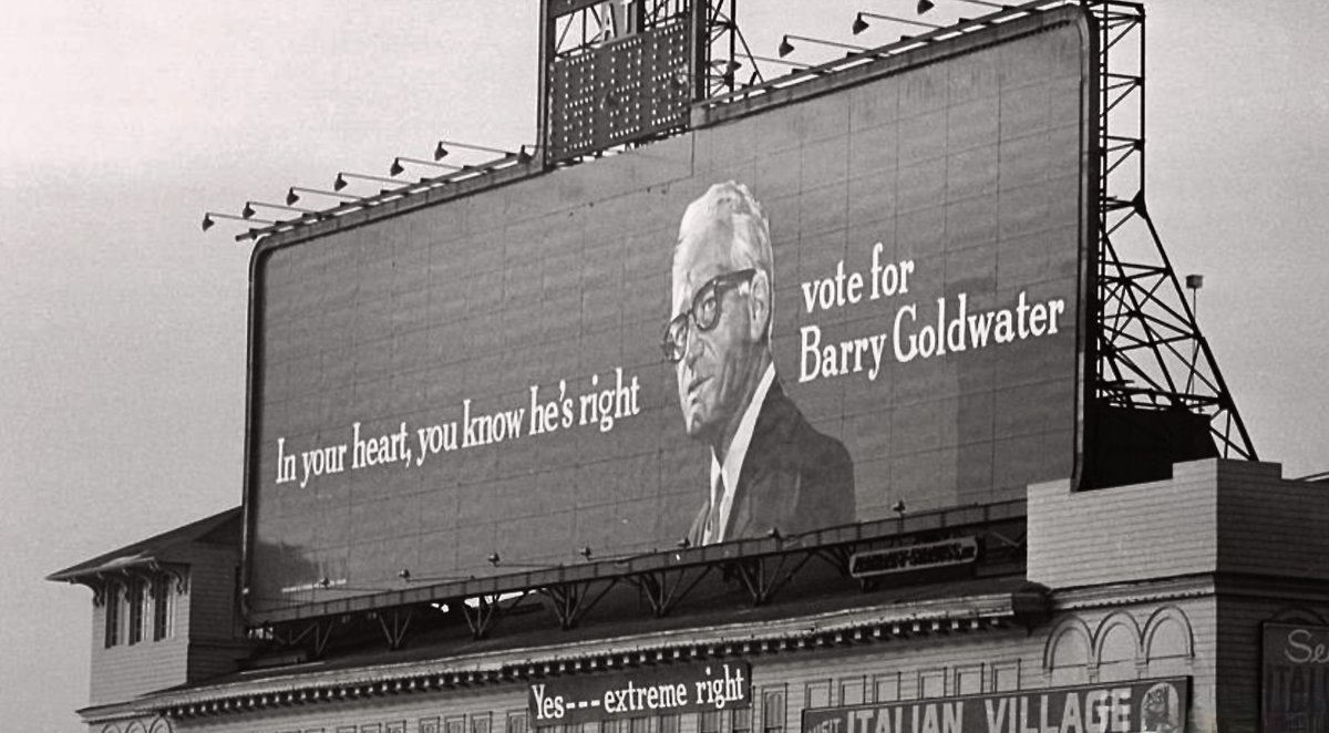 BeschlossDC's tweet image. During Democratic convention, Atlantic City, sixty years ago this week, Goldwater billboard and Democratic reply beneath it: