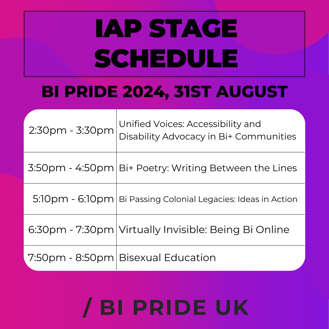 BiPrideUK's tweet photo. We've got the details you've been waiting for!
Here's our I Am Proud stage schedule for Bi Pride 2024.
We promise you'll want to save this post 👏
#bpuk #bipride24 #biprideuk #bipride2024 https://t.co/G0MmrOwBS3