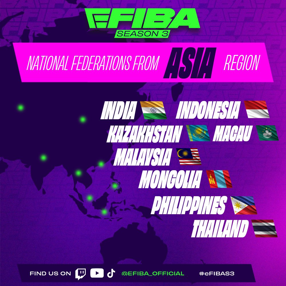 🌏🏀Asia region Teams Are Ready! 🏀🌏

These nations from Asia region will be gearing up for eFIBA Season 3! 🌟

Who will dominate the competition and claim victory in their region? eFIBA Season 3 starts on October 1st! Be Ready!

#eFIBAS3 #Basketball #eFIBA #FIBA