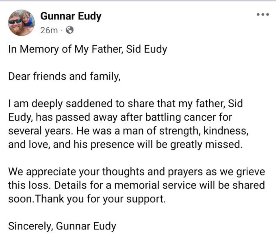 Sid Eudy's son, Gunnar Eudy, has announced in a Facebook post that Sid has passed away after battling cancer for several years. 

RIP.