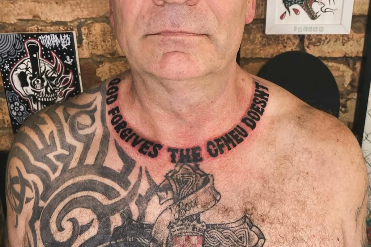 CFMEU tough guy John Setka's new neck tattoo just illustrates the woeful ignorance of English today. It needs a comma between "forgives"and "the"-- otherwise Setka is asking us to believe that God forgives the CFMEU. Unlikely!