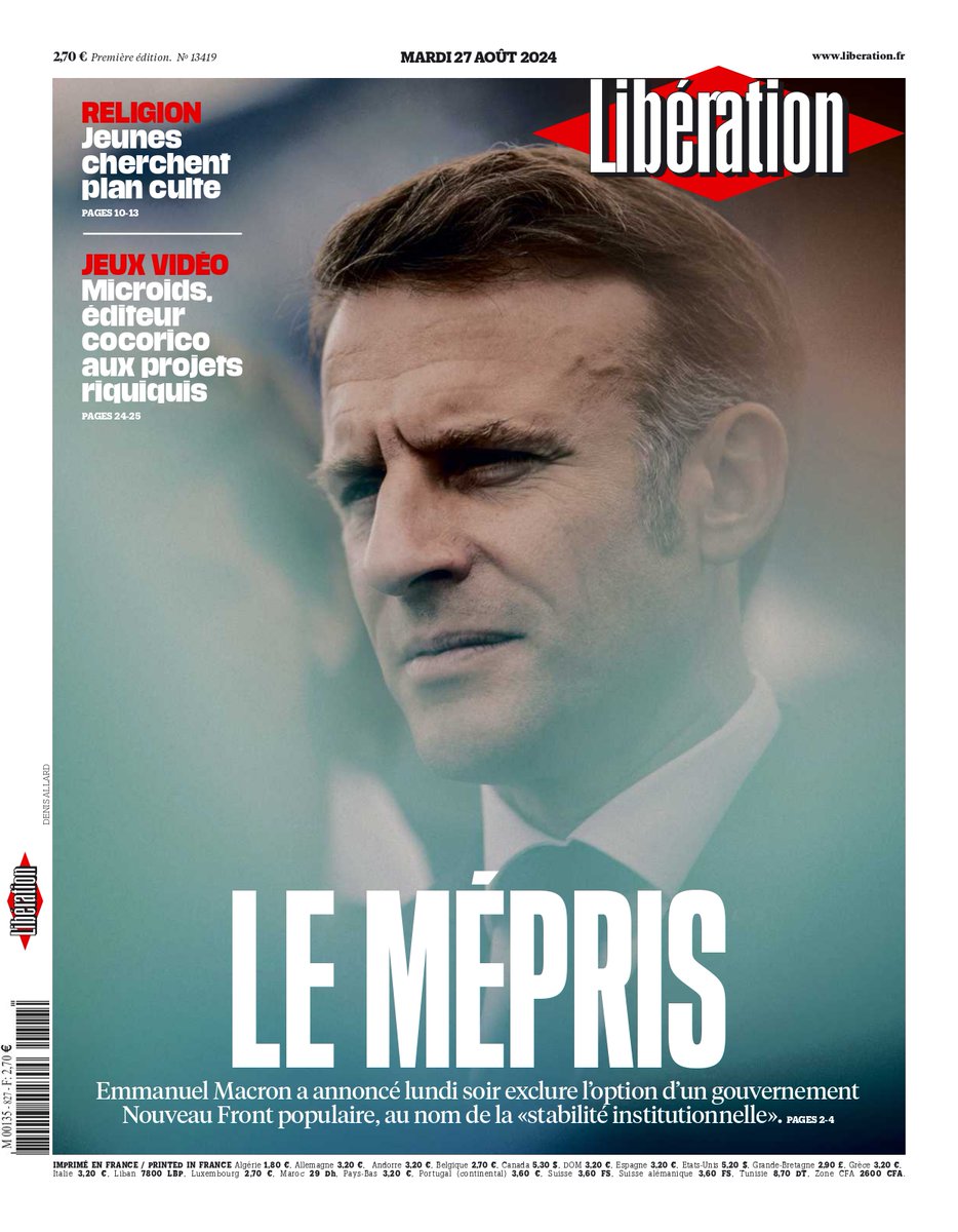 Emmanuel Macron : le mépris. 

C'est la une de <a href="/libe/">Libération</a> ce mardi.

Le chef de l’Etat a annoncé lundi soir exclure l’option d’un gouvernement Nouveau Front populaire, au nom de la «stabilité institutionnelle».