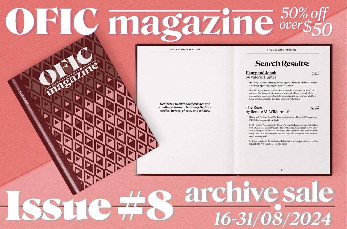 OFICmag's tweet photo. From now until 11:59pm ET on August 31, use code ARCHIVE to get 50% OFF any order over $50!  

Just 8 copies left of Issue 8! How fitting. Issue 8 features work by:
@Jakewritesagain 
@SamAnneMoe 
@inverts 
@GabyHarnish 
@SilasMAdams1 
@grilledcowheart 

https://t.co/t7J3canYaS https://t.co/msq2pF2UJI