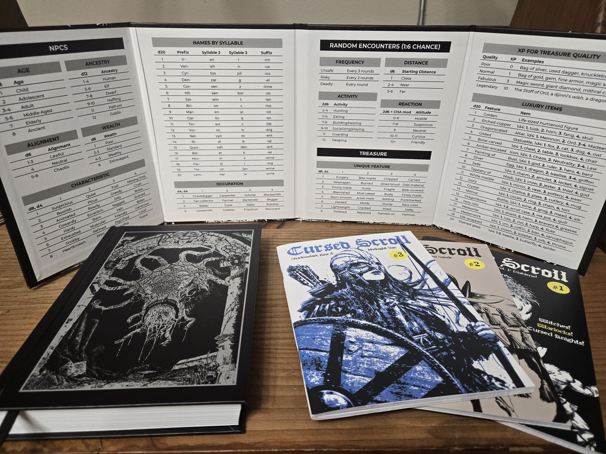 EricHausherr's tweet photo. Day 26: SUPERB SCREEN

I am fan of the digest size of #Shadowdark, but it also features a digest sized screen with useful information, including NPCs, random encounter charts, and luxury treasure! Plus, the art is amazing. #RPGaDay2024 https://t.co/KKyaUJCjki